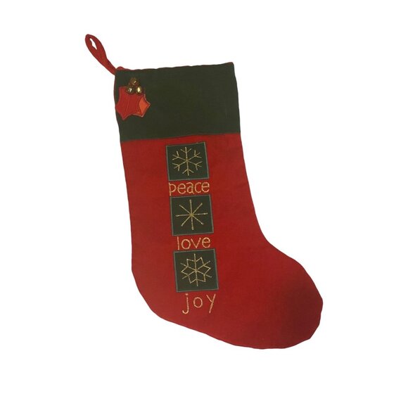 Christmas Stocking "Peace Love Joy" Embroidered 100% Cotton 19” Red Green Bells - Picture 1 of 5